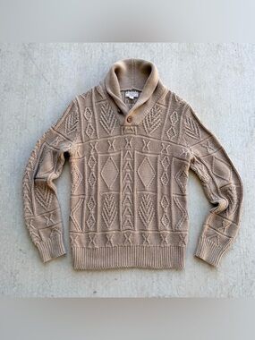 Wallace & Barnes Sweater Men S Tan Shawl Collar Chunky Cable Knit Organic Cotton